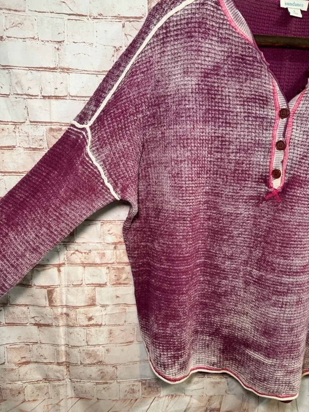 Sundance Gentry Waffle Knit Henley Thermal Top Size Small Mineral Washed Magenta - Picture 4 of 6